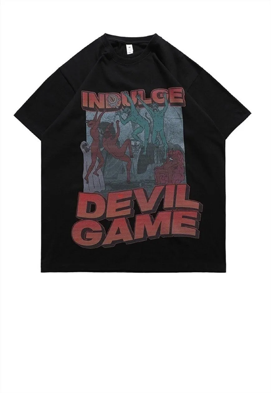 Devil print t-shirt punk tee Gothic game top in grey