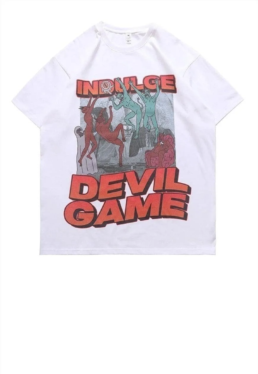 Devil print t-shirt punk tee Gothic game top in grey