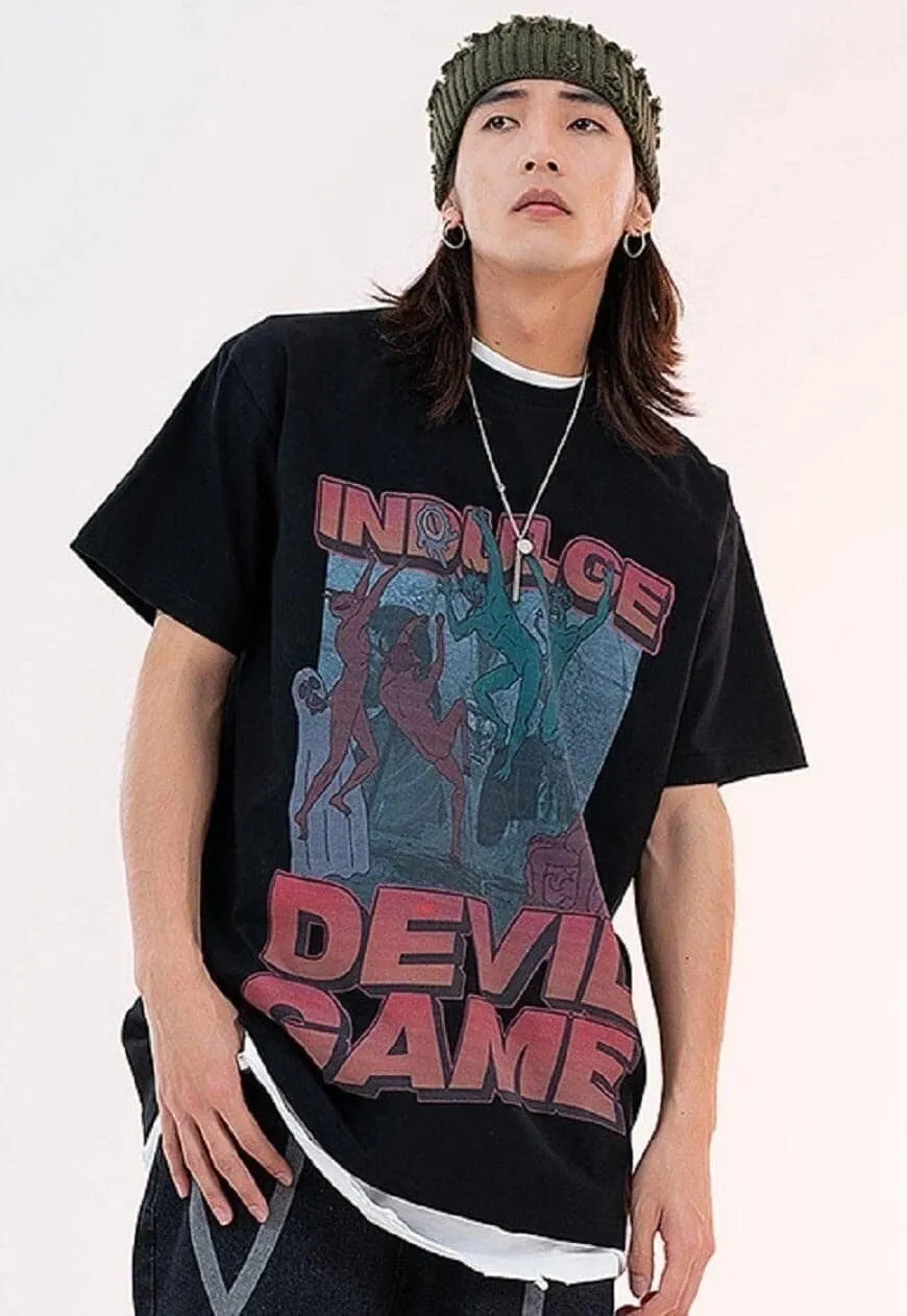 Devil print t-shirt punk tee Gothic game top in grey