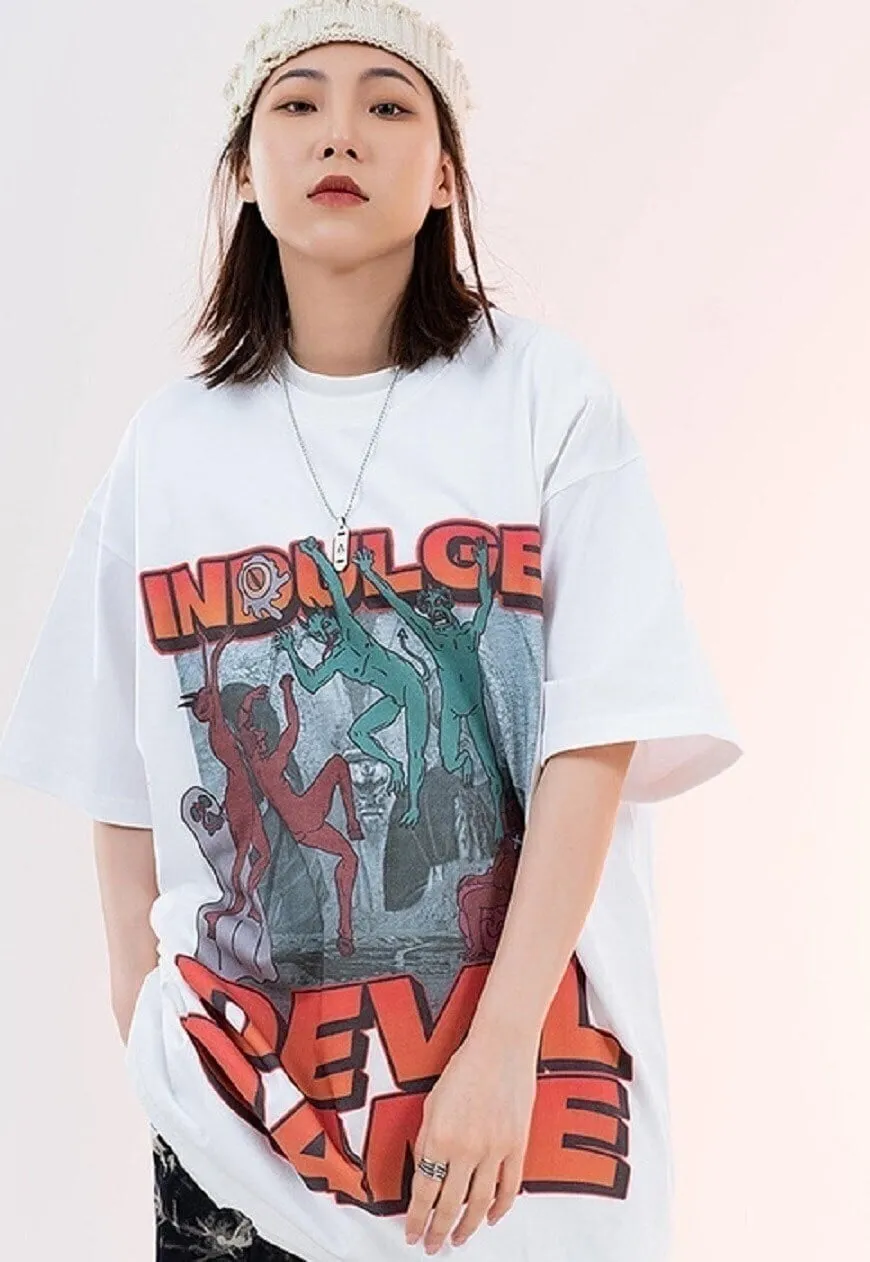 Devil print t-shirt punk tee Gothic game top in grey