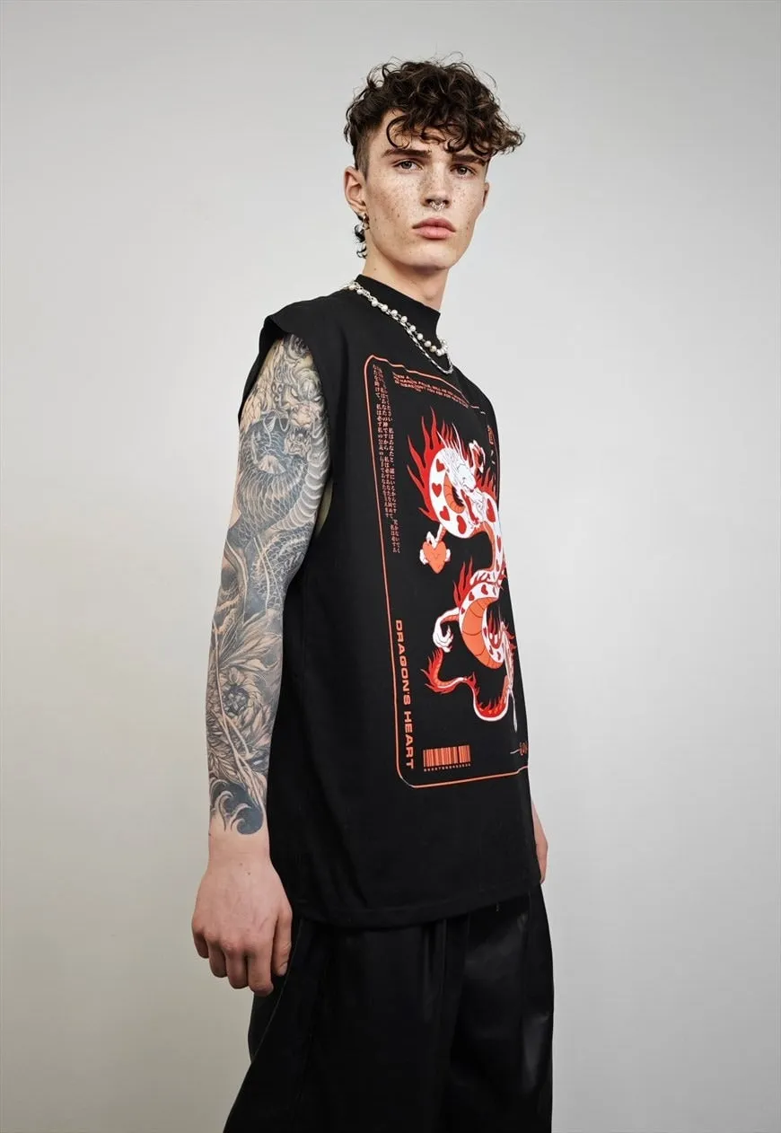 Dragon print vest Y2K surfer tee surfer tank top in black