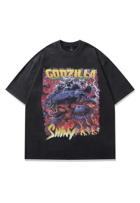 Dragon t-shirt Japanese cartoon tee Godzilla top acid grey