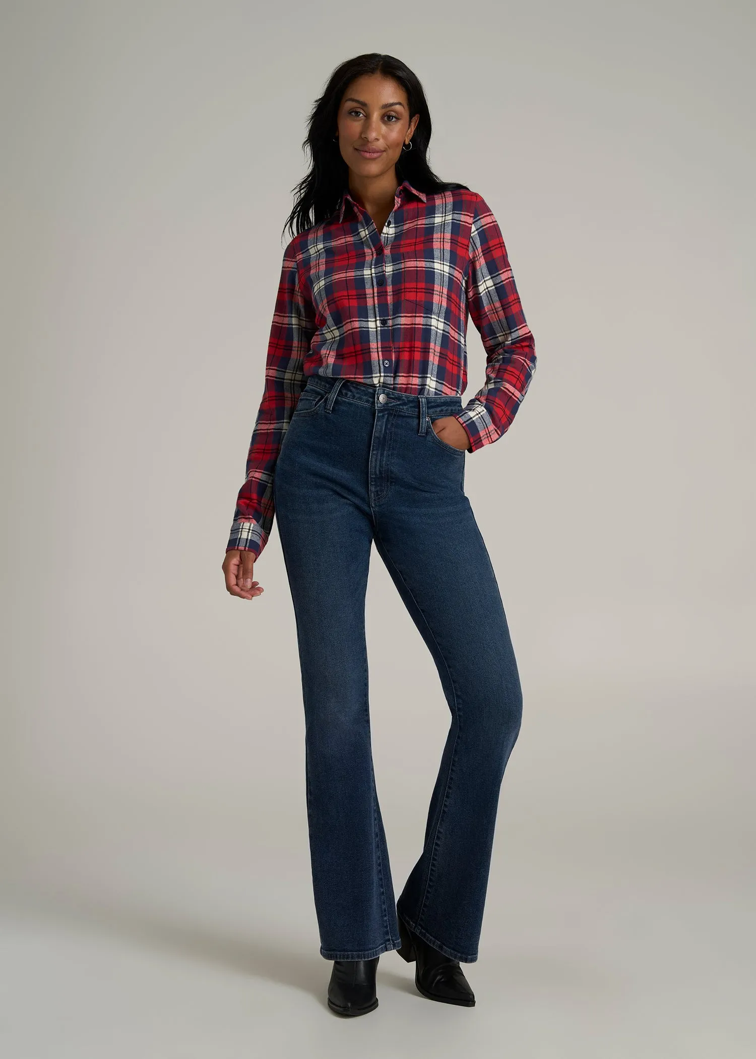 Flannel Button-Up Shirt for Tall Women in Rich Red Plaid