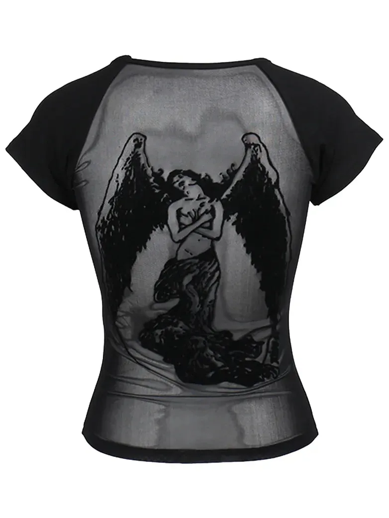 Gothic Backless Flocking Printed T-shirt for Women