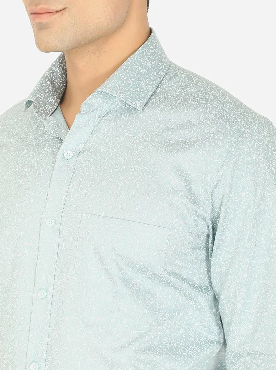 Haze Blue & White Printed Slim Fit Formal Shirt | Greenfibre