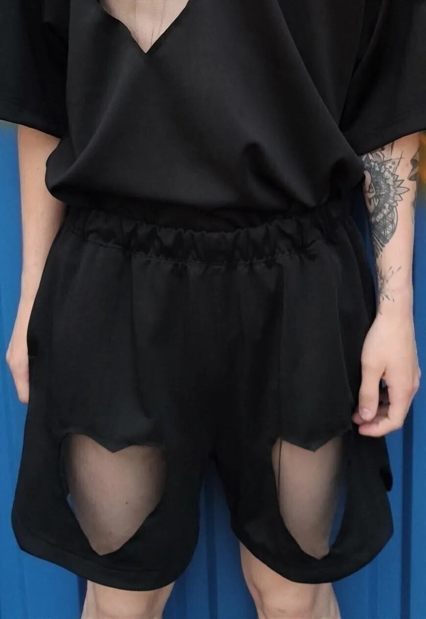 Heart cutout shorts handmade transparent mesh joggers black