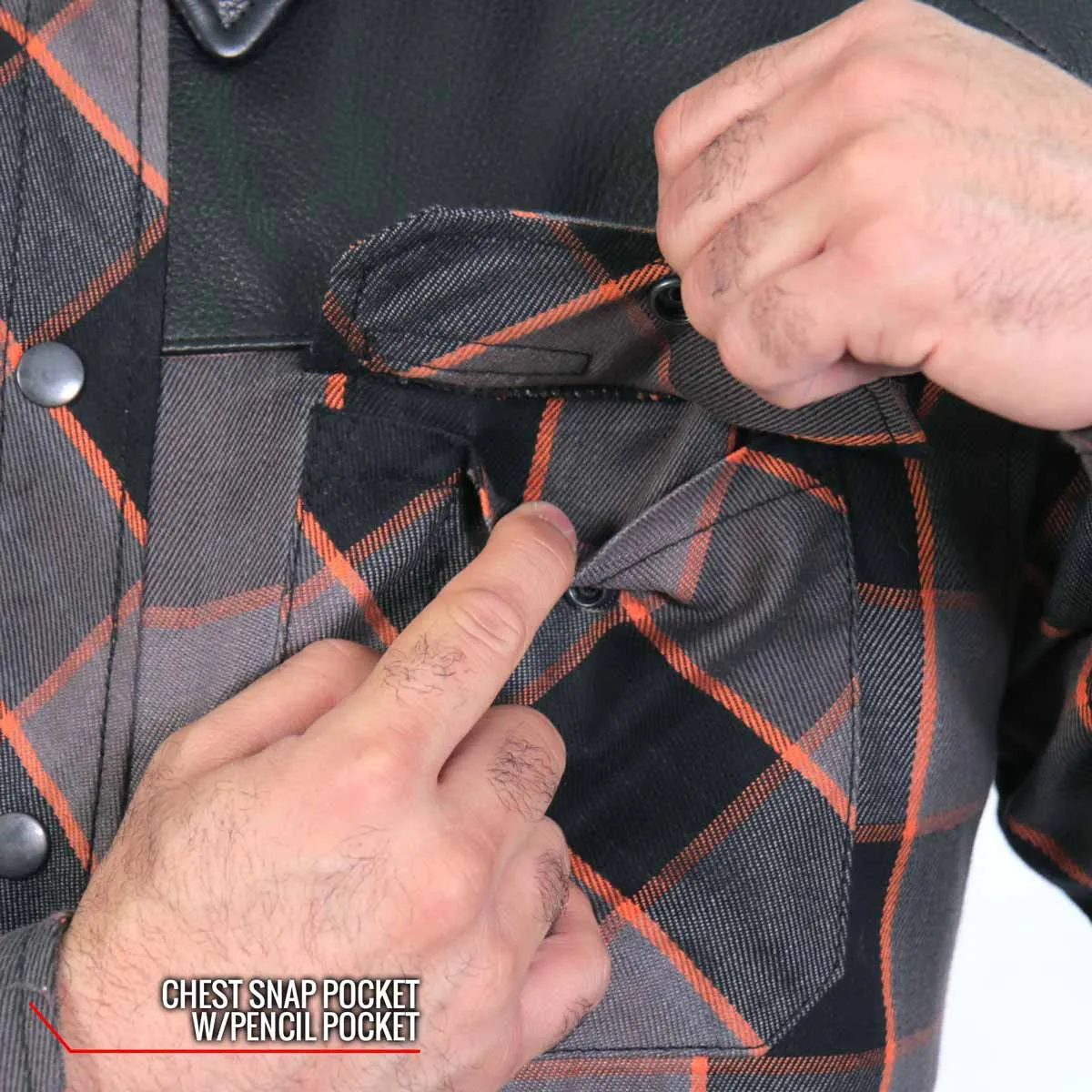 Hot Leathers JKM3202 Men's Grey Black and Orange Kevlar Reinforced Leather and Plaid Flannel Shirt