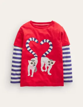 Lemur Appliqué T-shirt-Poppy Red Lemurs