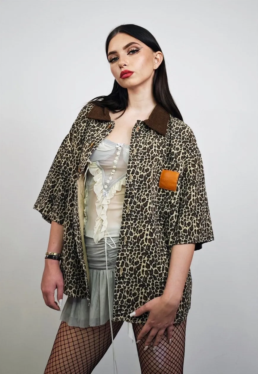 Leopard denim shirt short sleeve animal print jean blouse