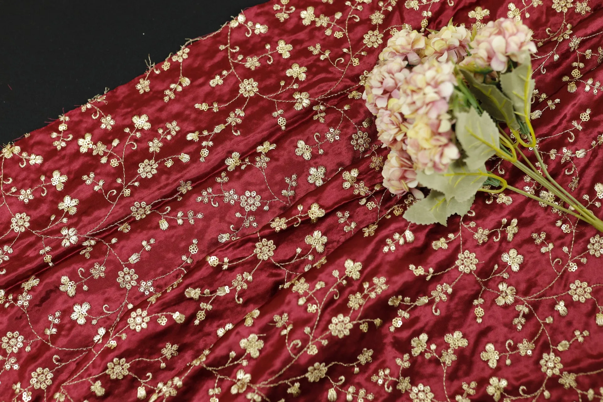 Maroon Floral Embroidered Viscose Gaji Silk Fabric (Wholesale)