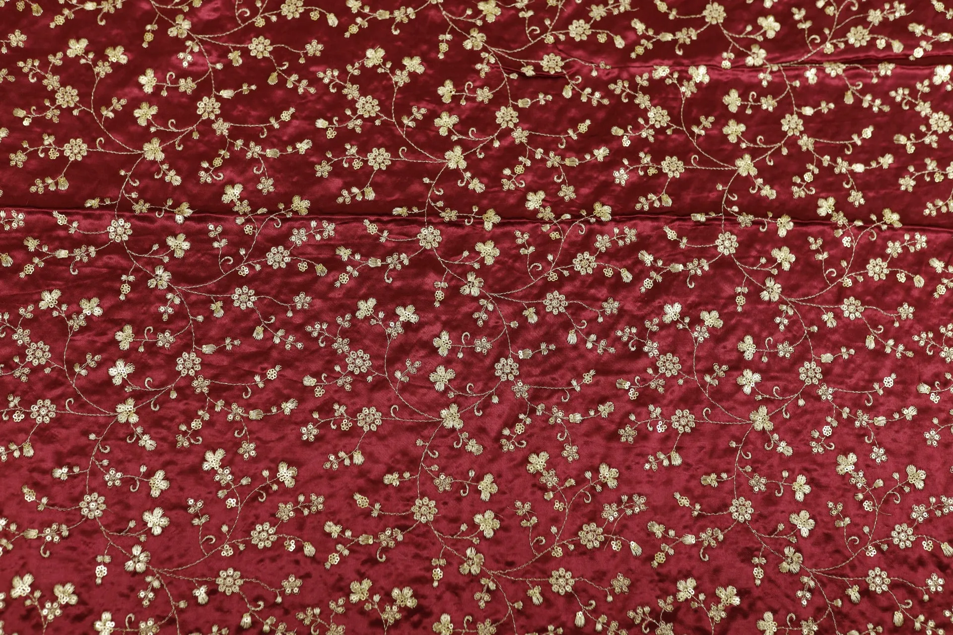 Maroon Floral Embroidered Viscose Gaji Silk Fabric (Wholesale)