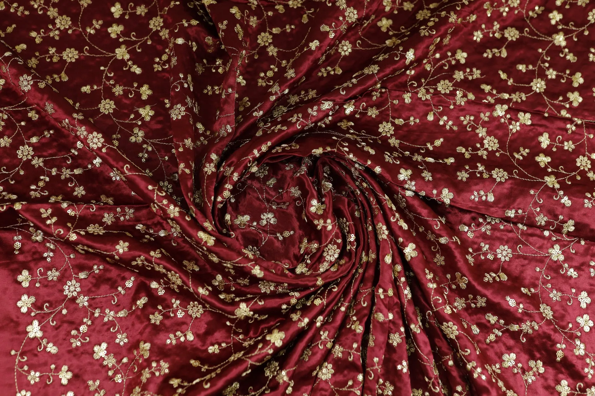 Maroon Floral Embroidered Viscose Gaji Silk Fabric (Wholesale)