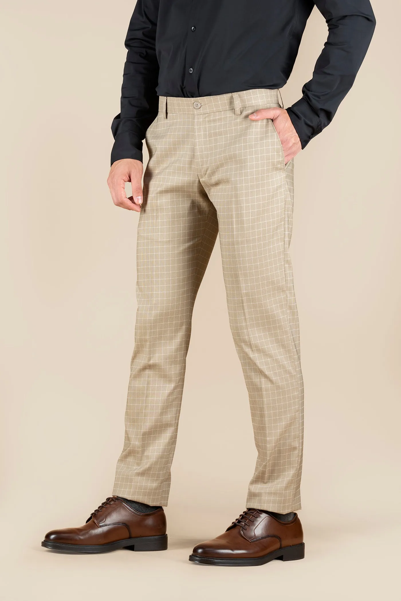 Men's Beige Checkered Formal Trousers