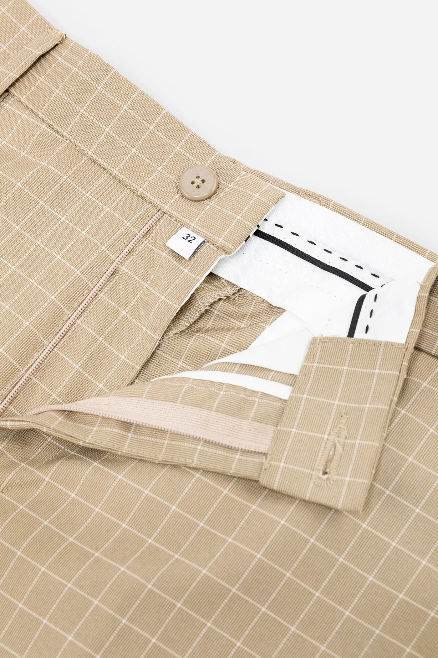 Men's Beige Checkered Formal Trousers