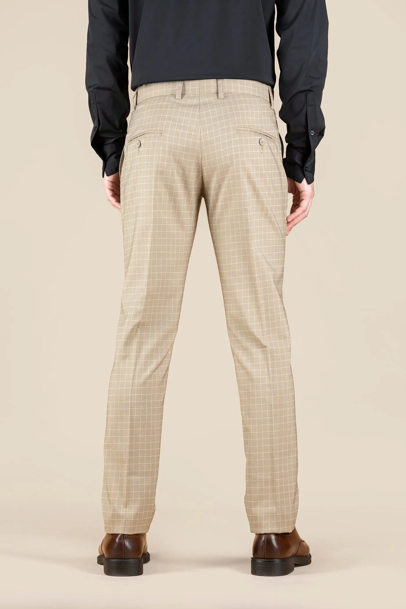 Men's Beige Checkered Formal Trousers