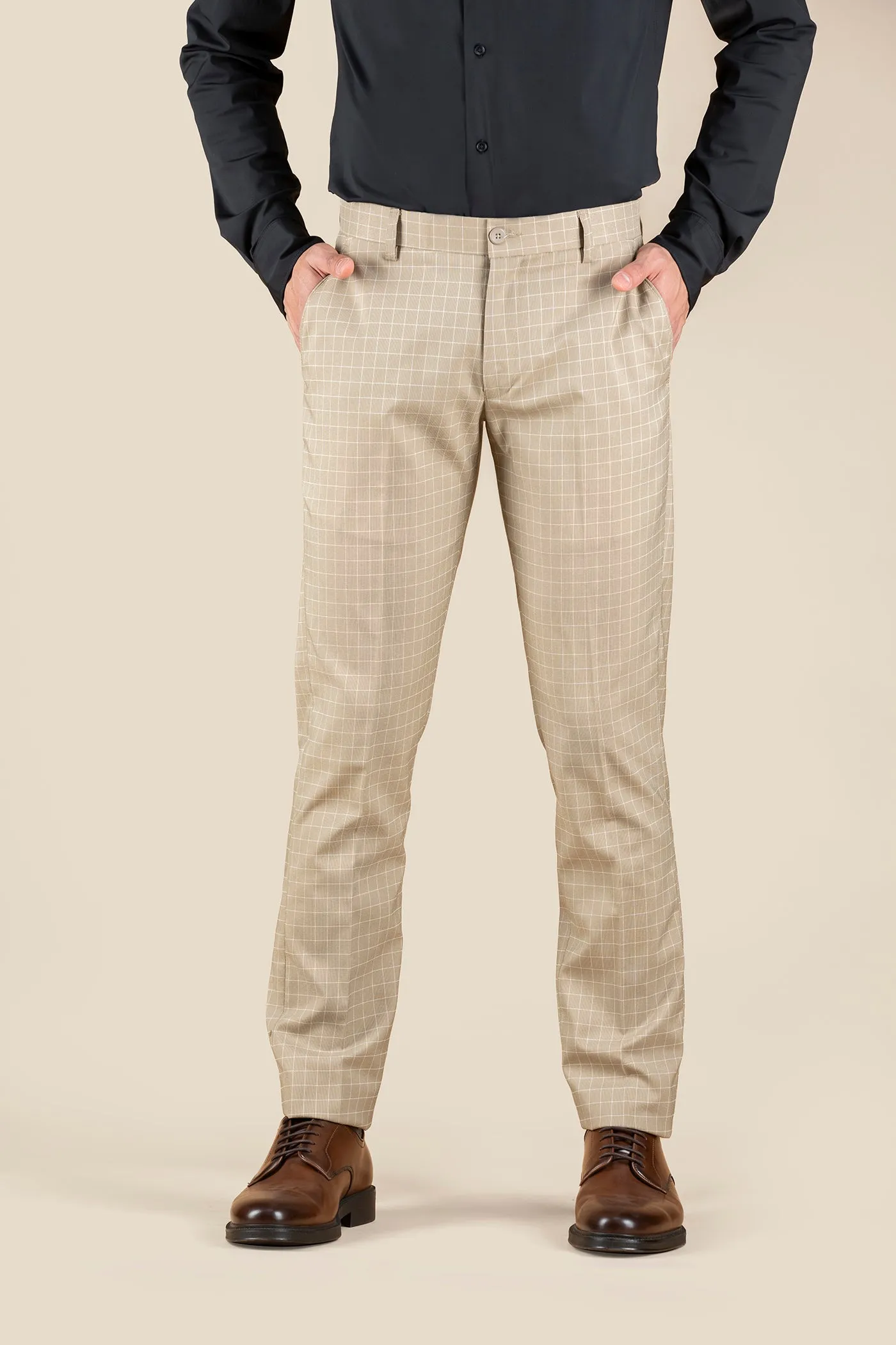 Men's Beige Checkered Formal Trousers