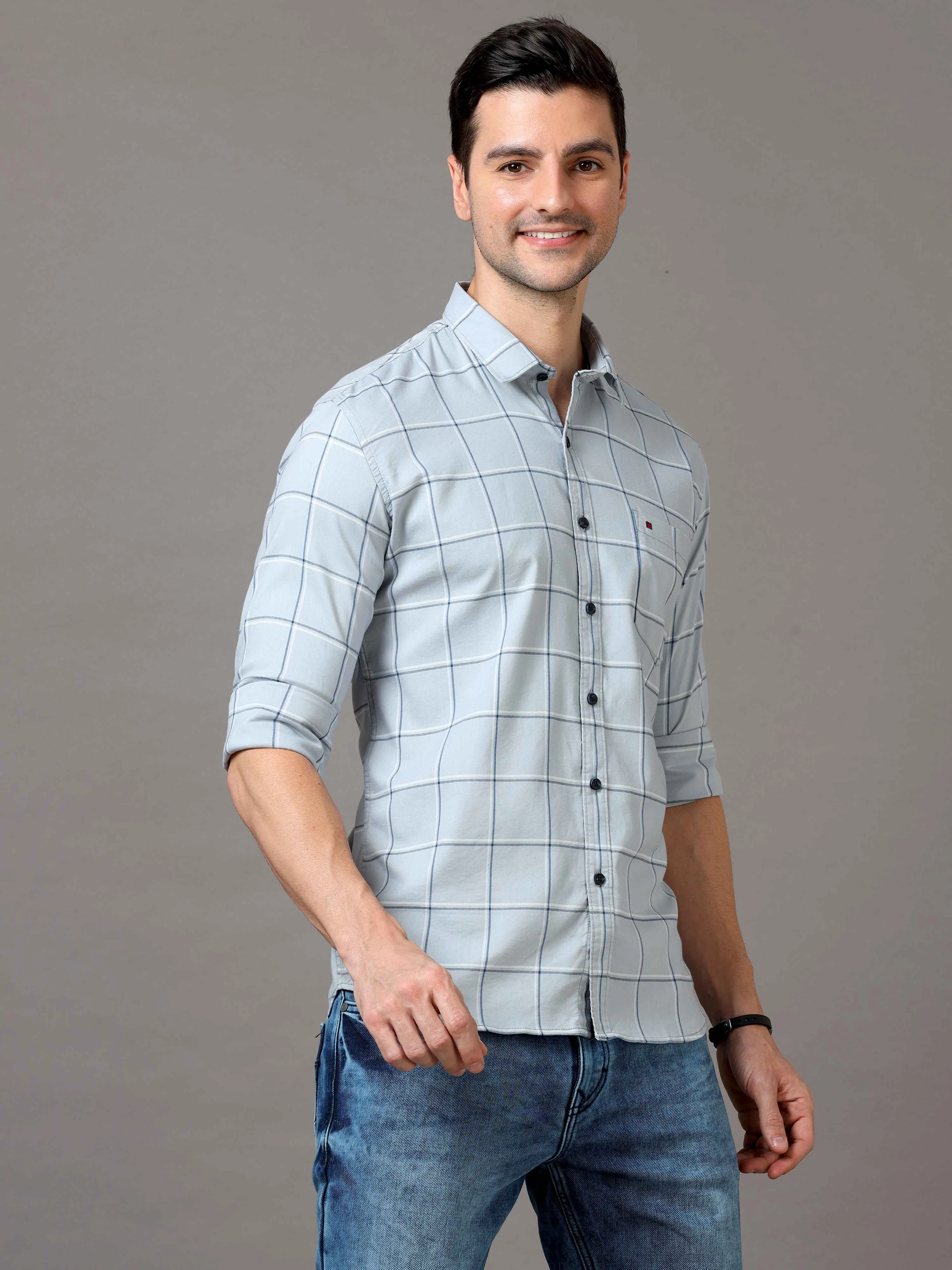 Men's Grey Slim Fit Checks Full Sleeves Casual Shirts