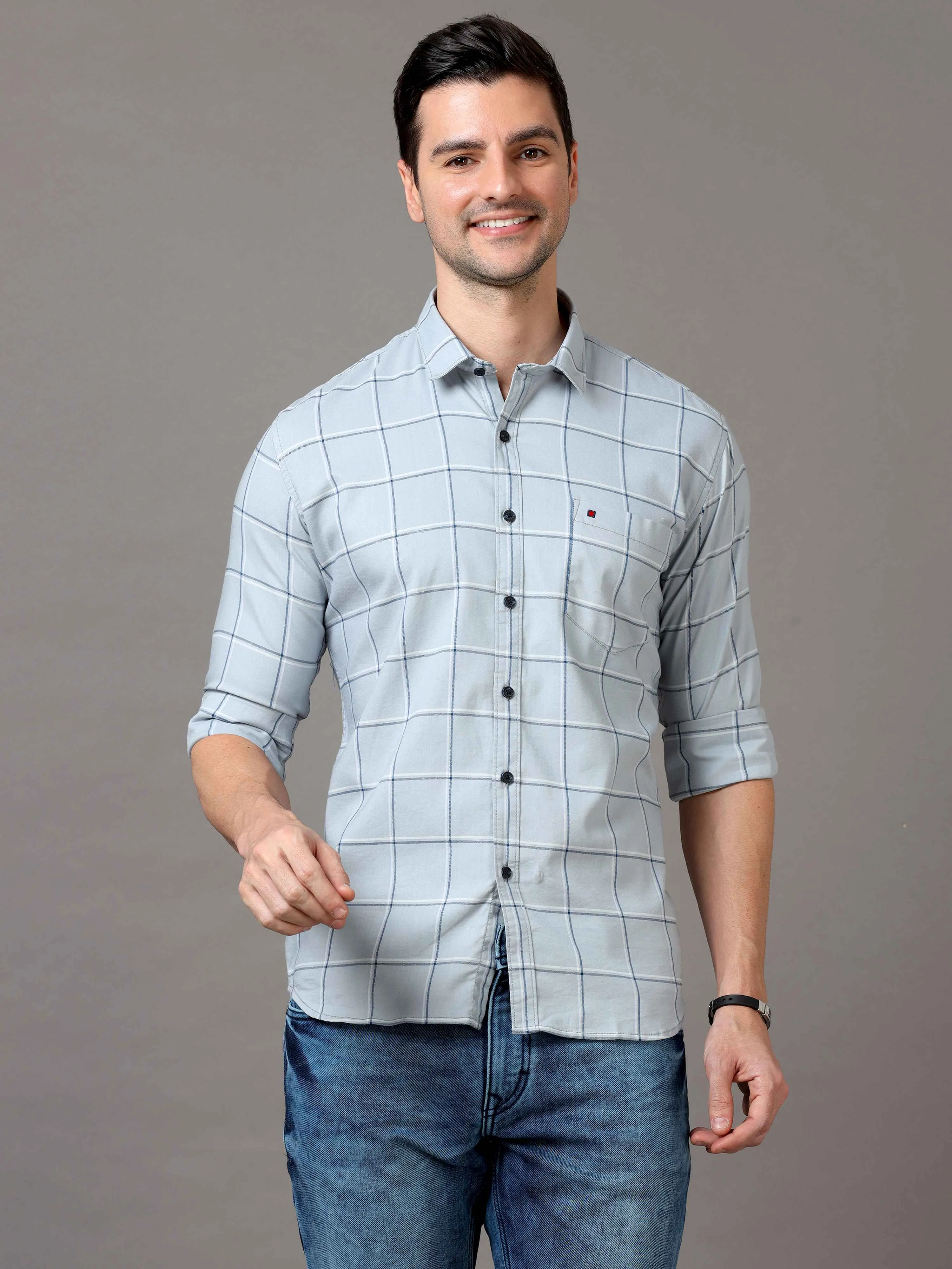 Men's Grey Slim Fit Checks Full Sleeves Casual Shirts