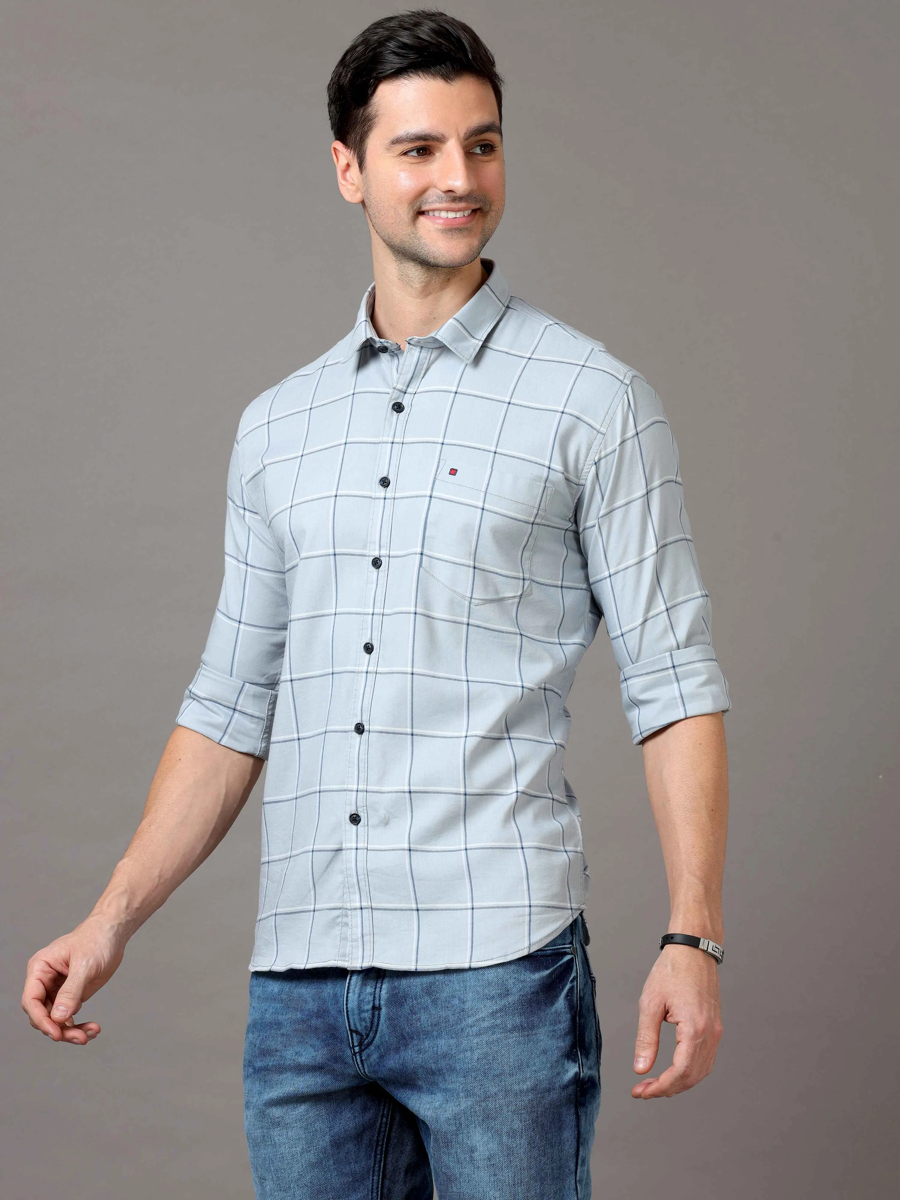 Men's Grey Slim Fit Checks Full Sleeves Casual Shirts