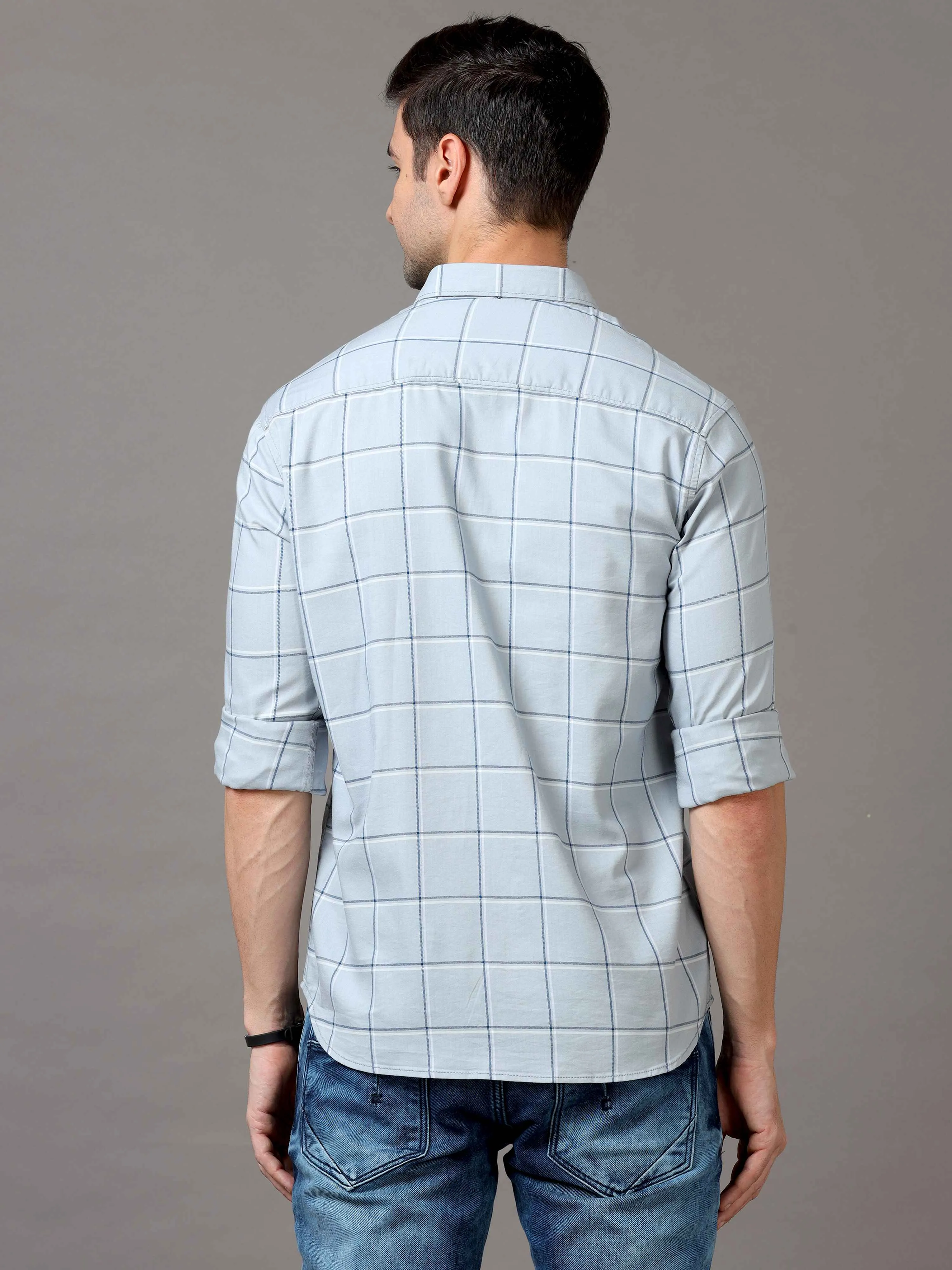 Men's Grey Slim Fit Checks Full Sleeves Casual Shirts