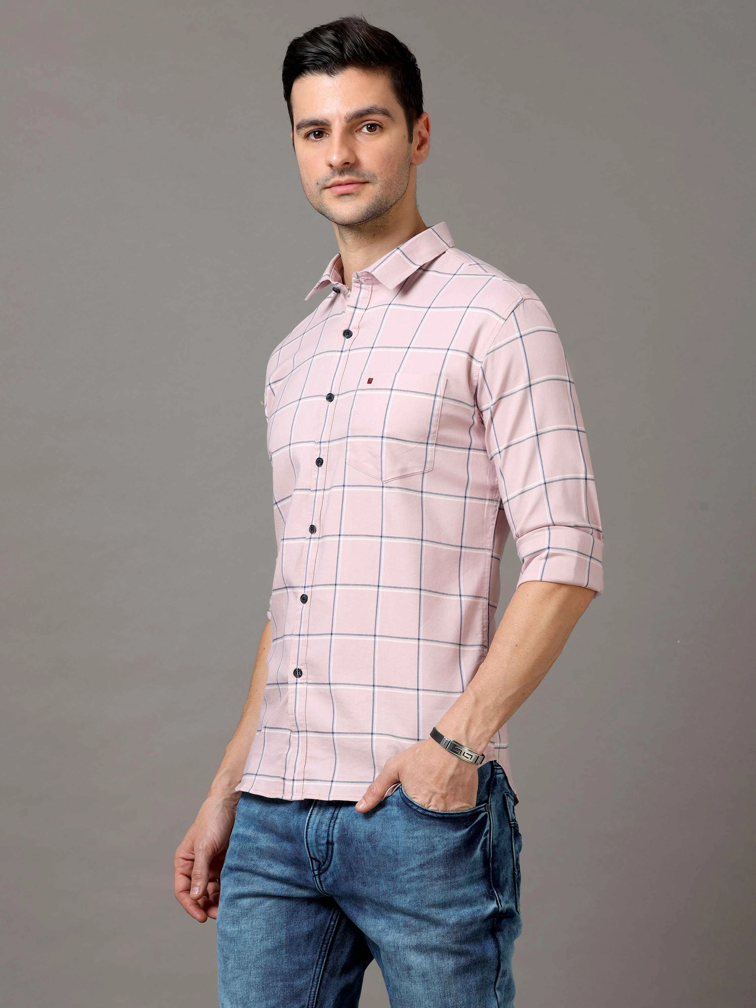 Men's Pink Slim Fit Checks Full Sleeves Casual Shirts