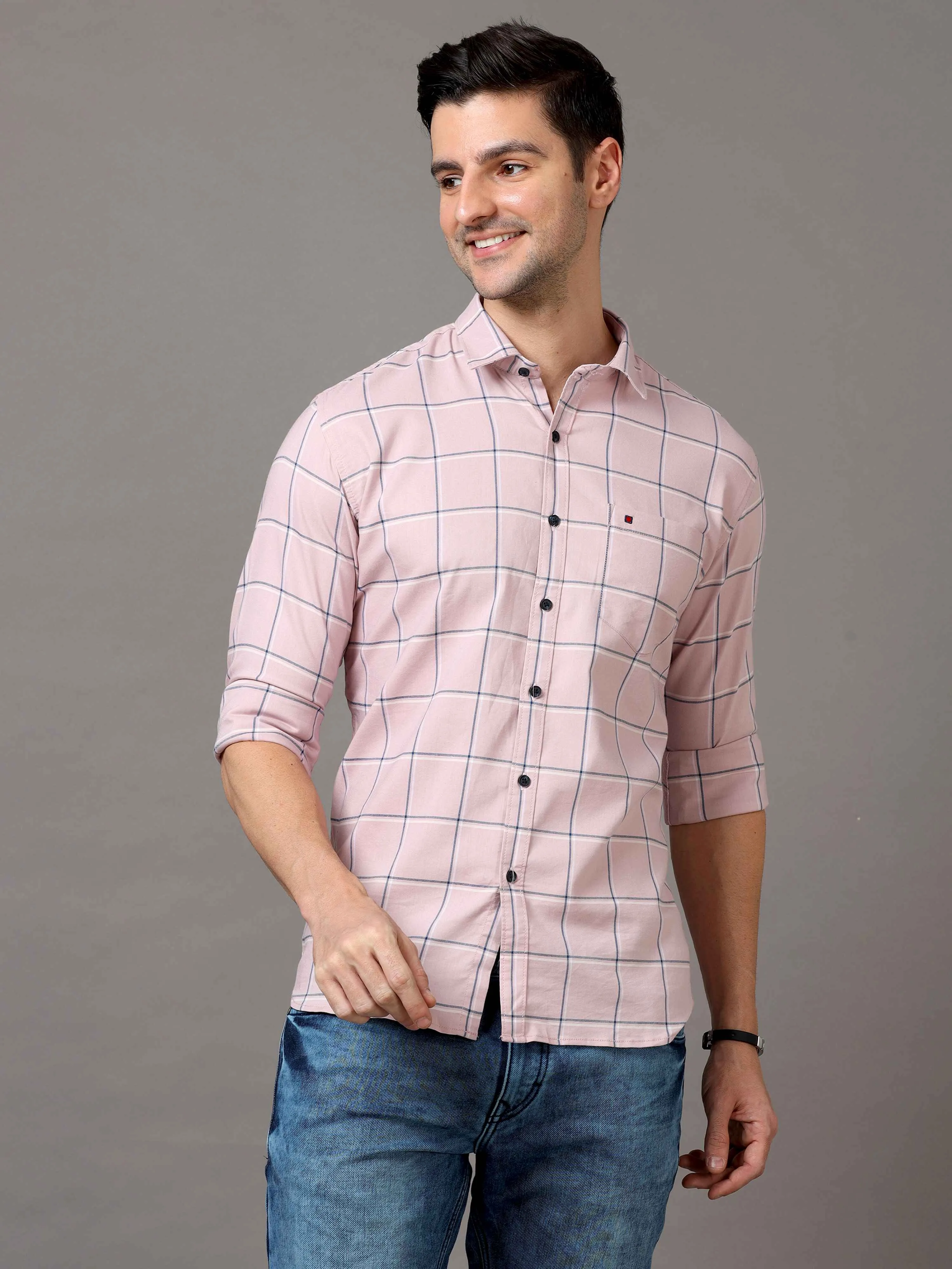 Men's Pink Slim Fit Checks Full Sleeves Casual Shirts