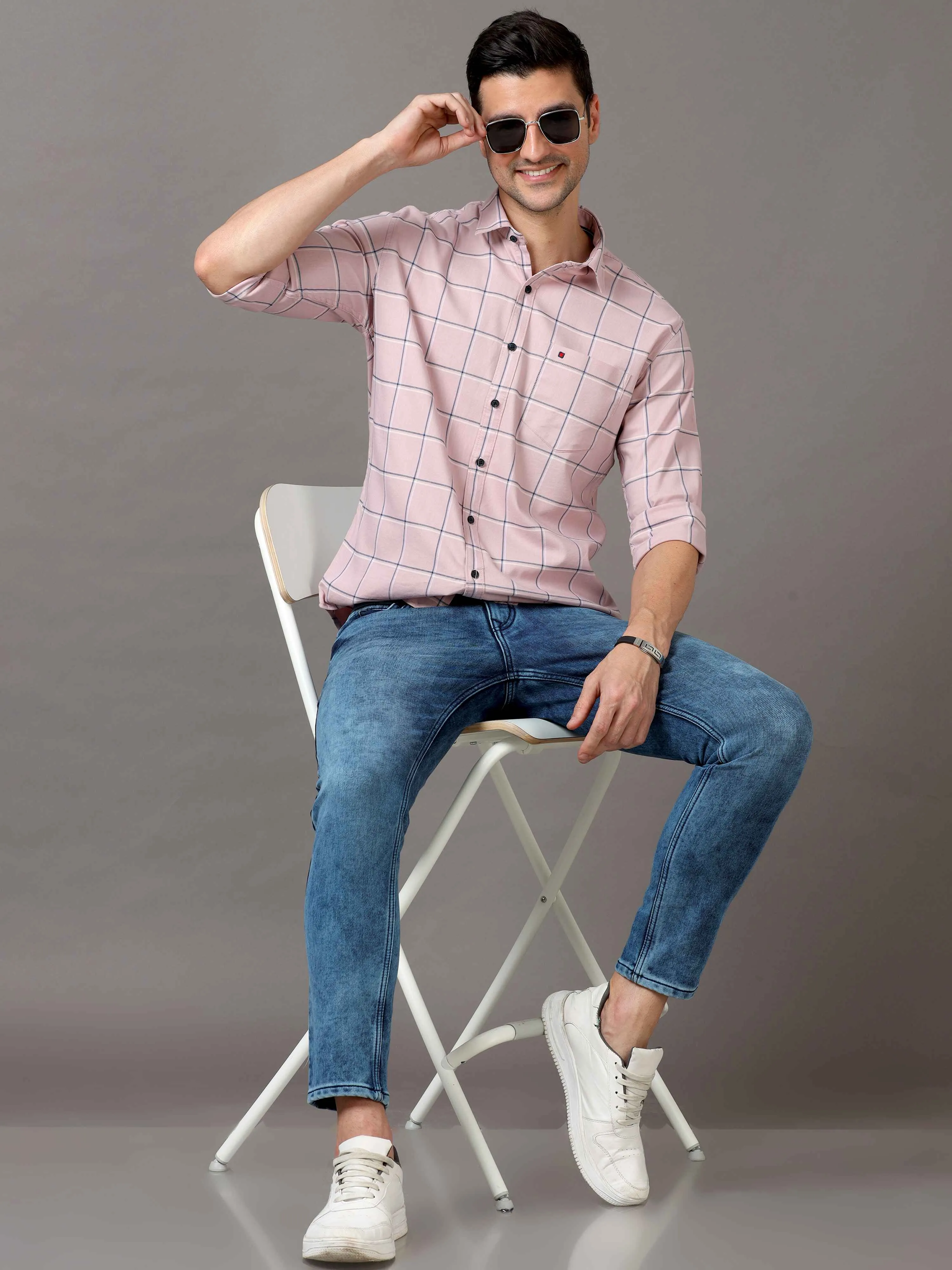 Men's Pink Slim Fit Checks Full Sleeves Casual Shirts