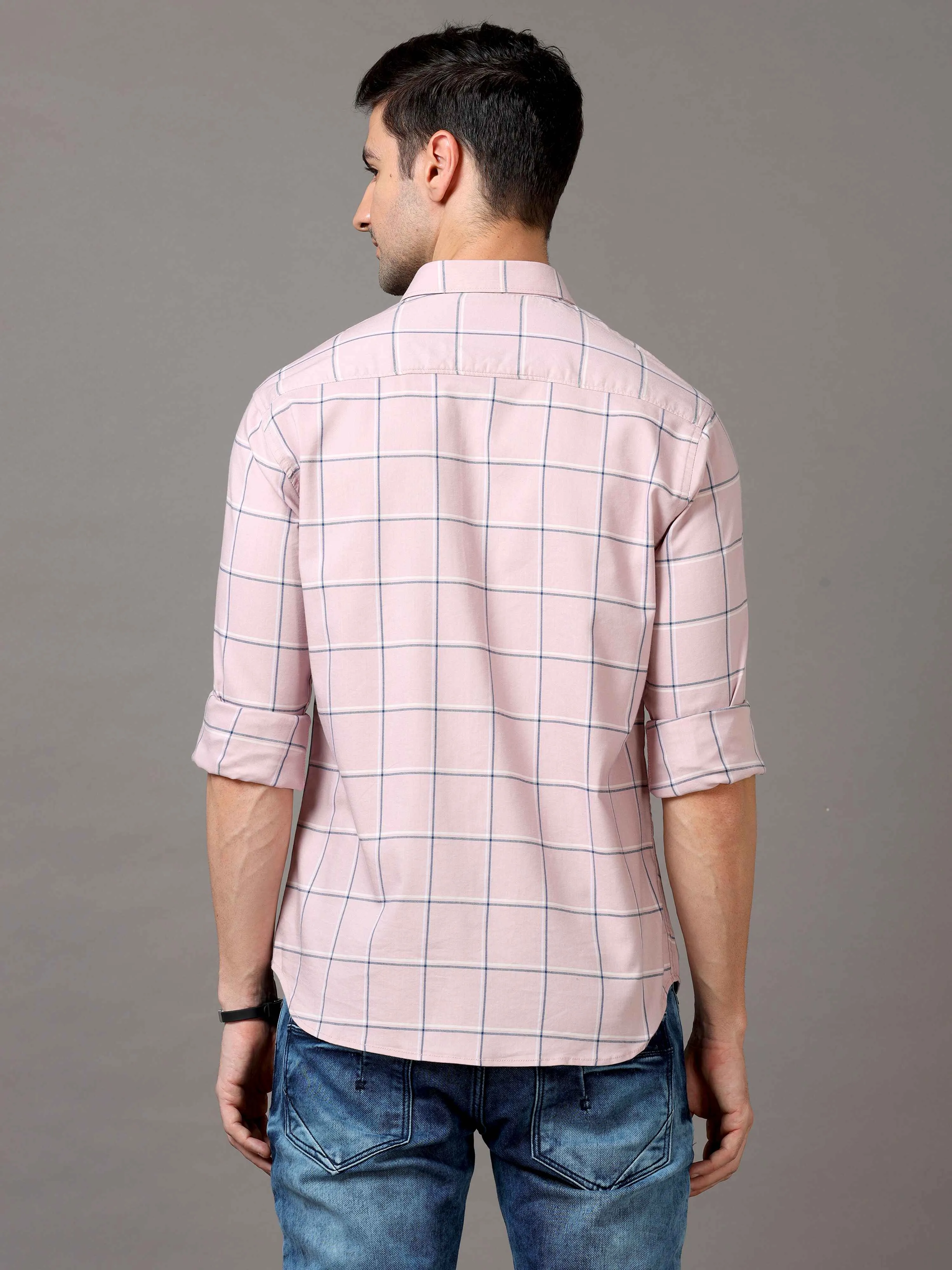 Men's Pink Slim Fit Checks Full Sleeves Casual Shirts