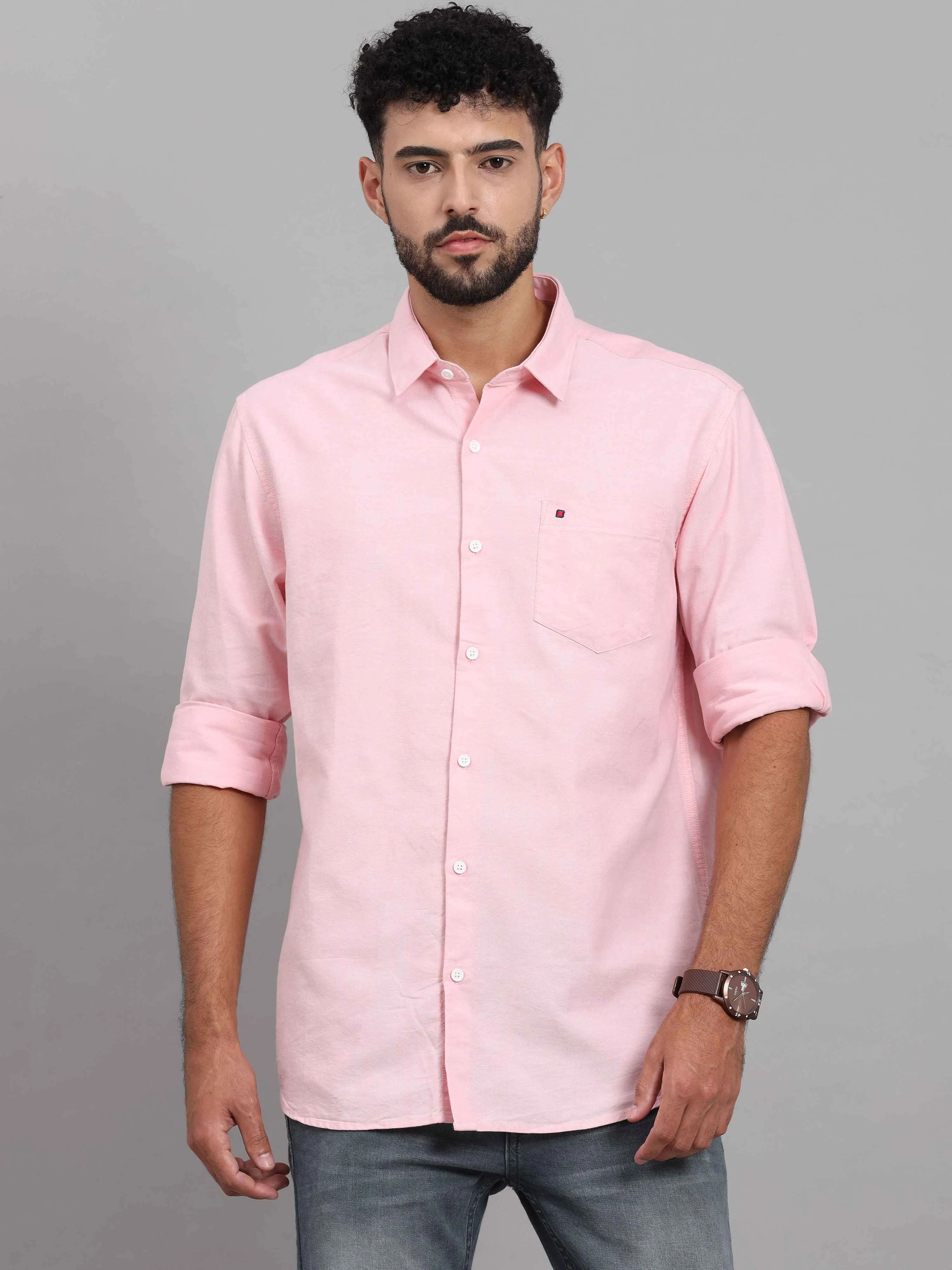 Men's Pink Slim Fit Solid Full Sleeves Casual Shirts