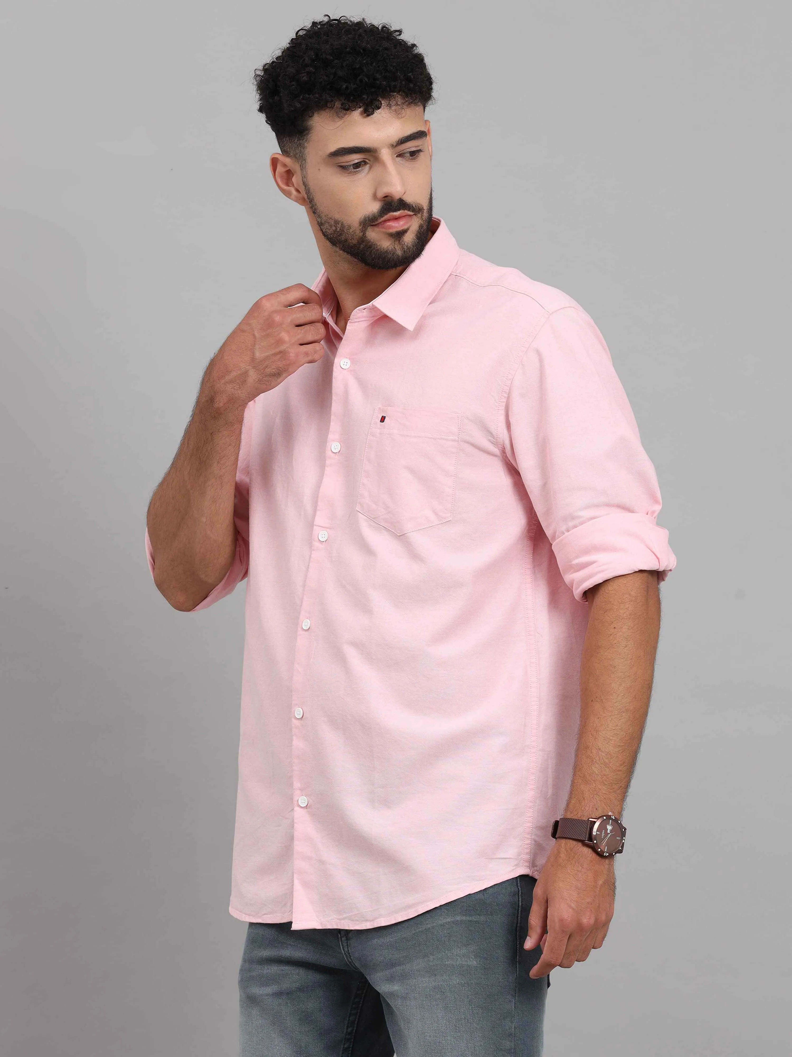 Men's Pink Slim Fit Solid Full Sleeves Casual Shirts