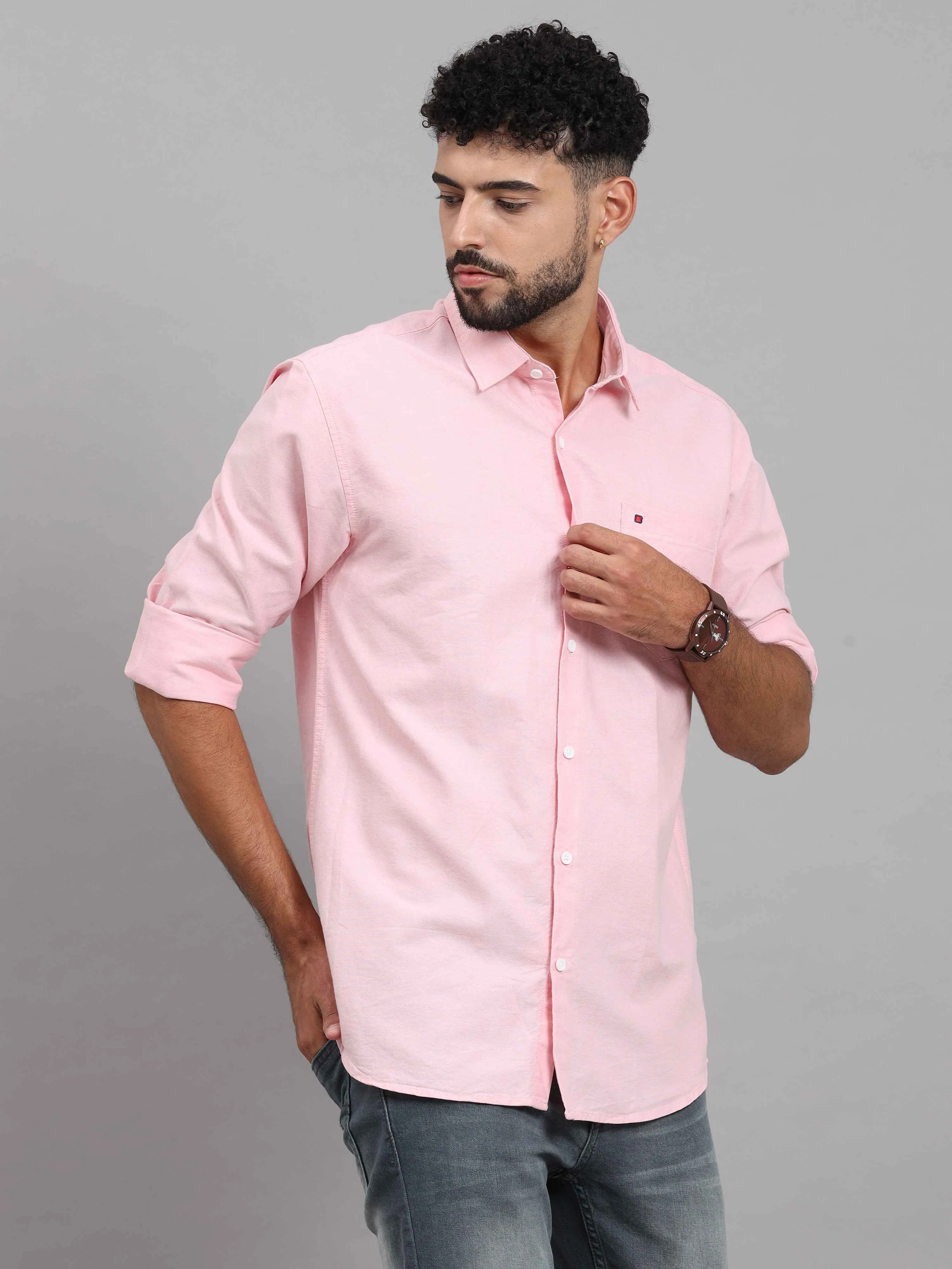 Men's Pink Slim Fit Solid Full Sleeves Casual Shirts