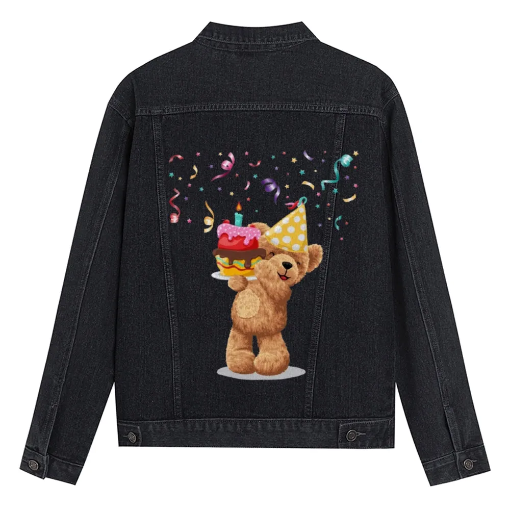 Mens Vintage Cartoon Prints Happy Birthday To Cute Little Bear Denim Jacket