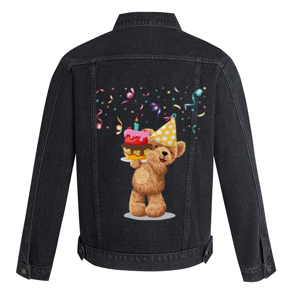 Mens Vintage Cartoon Prints Happy Birthday To Cute Little Bear Denim Jacket