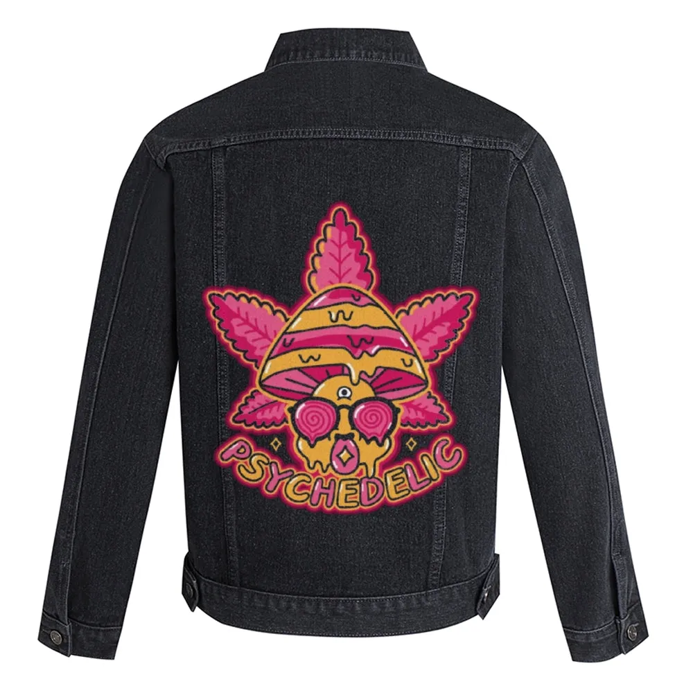 Mens Vintage Cartoon Prints Pink Mushroom PSYCHEDELIC Denim Jacket