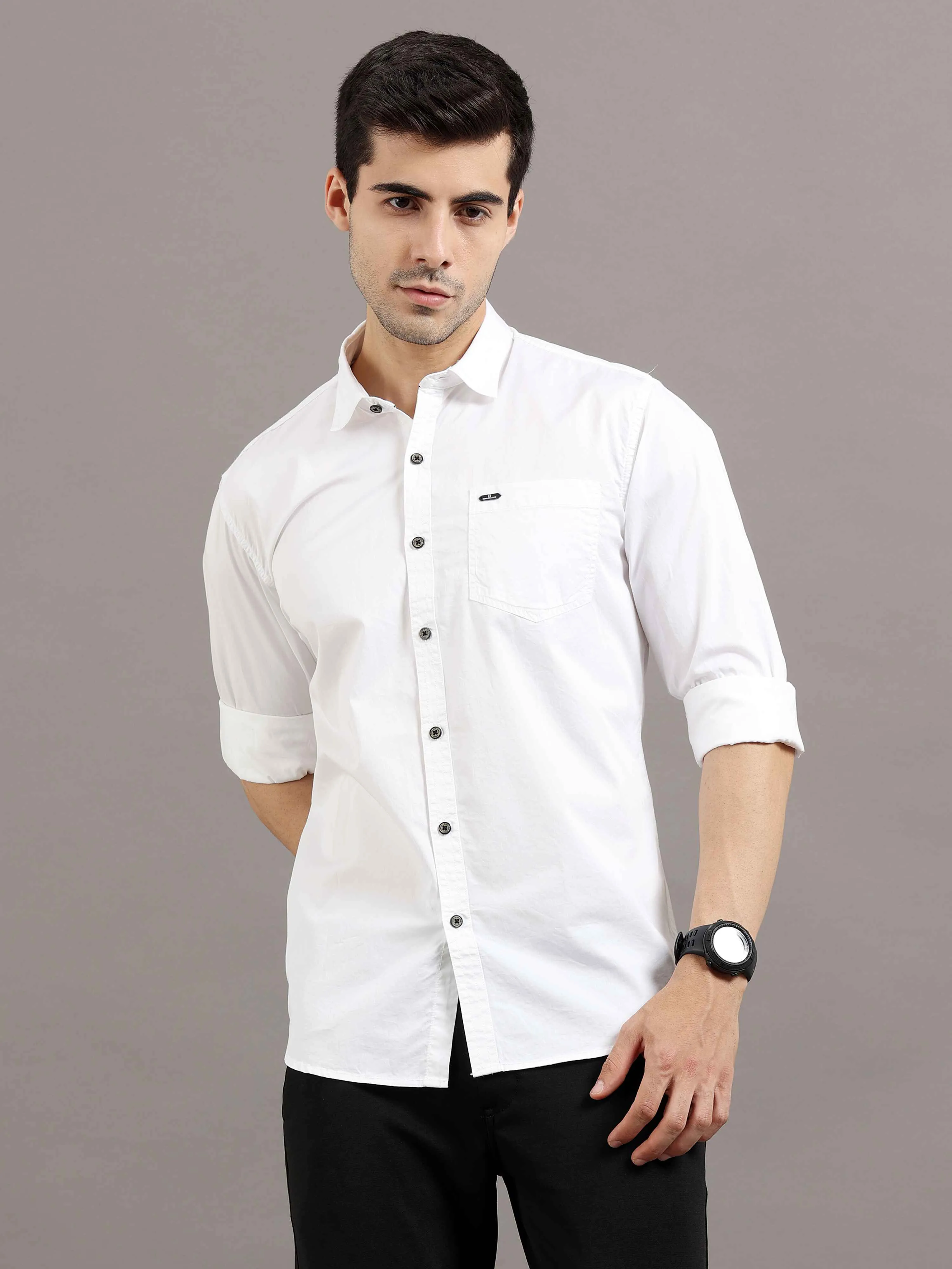 Men's White Slim Fit Solid Full Sleeves Casual Shirts