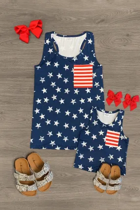 Mom & Me - Navy Blue Star Pocket Tank Top