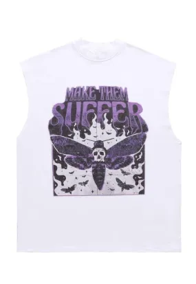 Moth print sleeveless tshirt retro tank top punk surfer vest