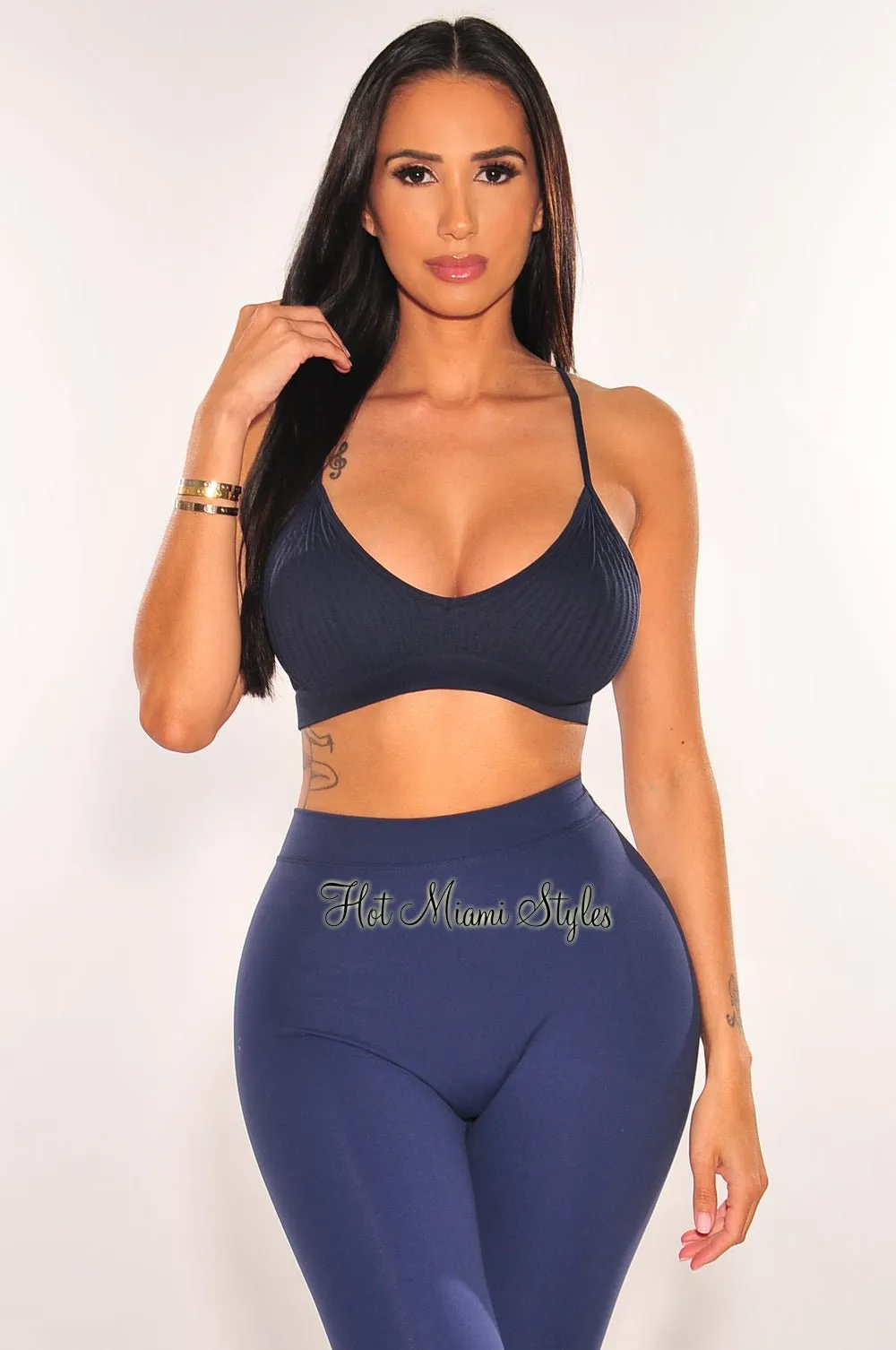 Navy Ribbed Seamless Spaghetti Straps V Neck Crop Top