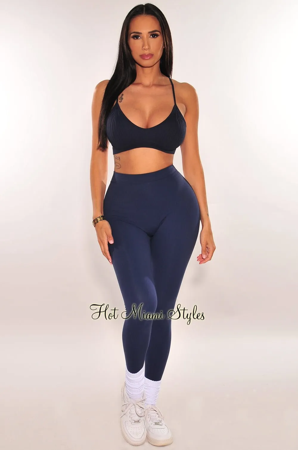 Navy Ribbed Seamless Spaghetti Straps V Neck Crop Top