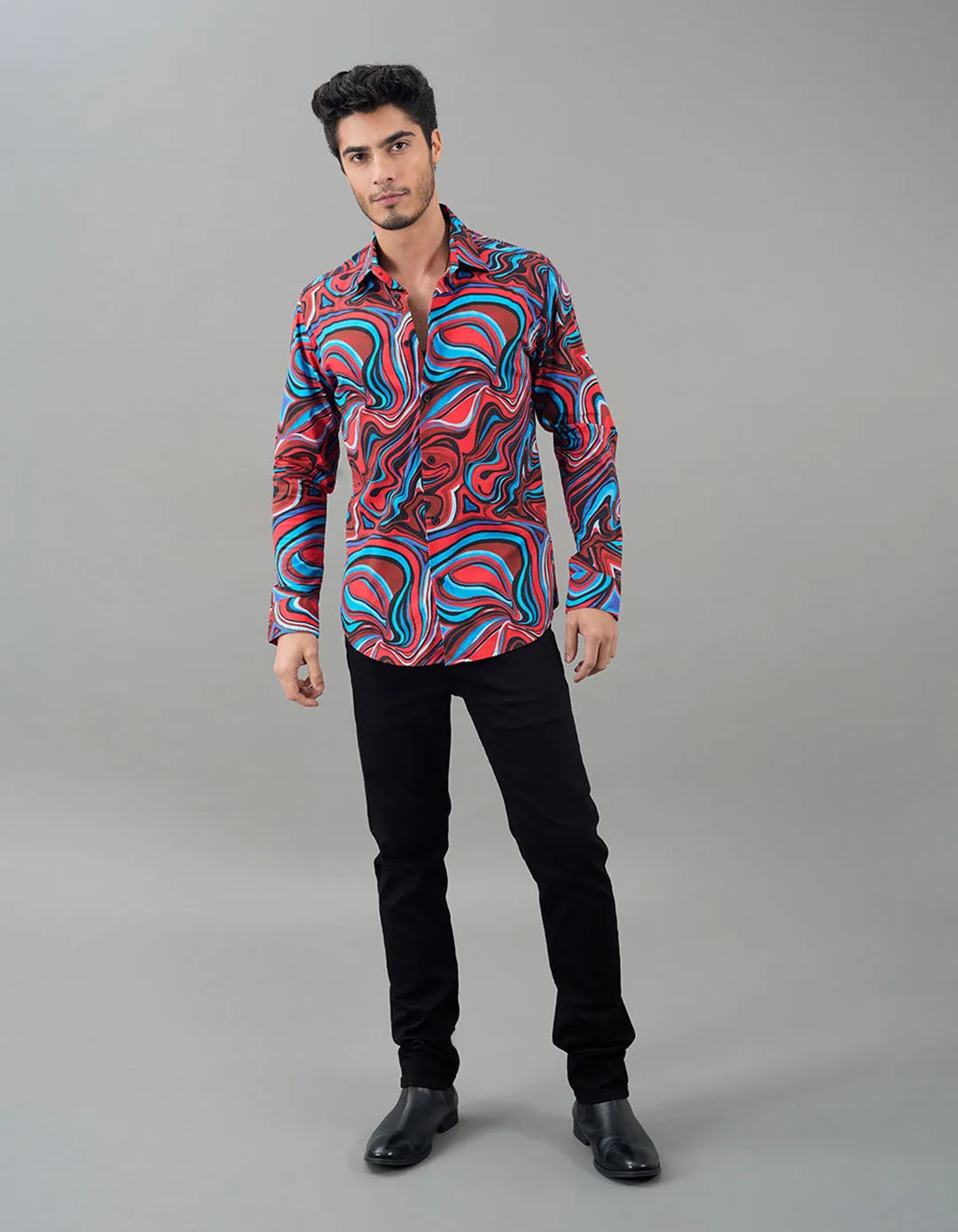 Red Blue Full Sleeves Printed Shirt