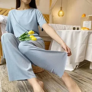 Sets Summer Thin Ice Silk Solid Colored Home Short Sleeve Long Pants Casual Trendy Loungewear