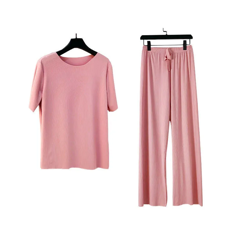 Sets Summer Thin Ice Silk Solid Colored Home Short Sleeve Long Pants Casual Trendy Loungewear