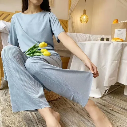 Sets Summer Thin Ice Silk Solid Colored Home Short Sleeve Long Pants Casual Trendy Loungewear