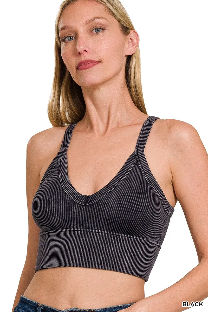 Stone Washed V-Neck Seamless Cropped Bra Top