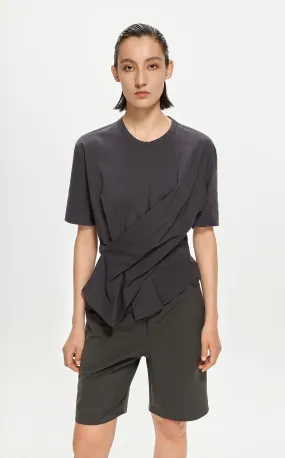 T-Shirt / JNBY Asymmetric Pleated Hem Short Sleeve T-Shirt (100% Cotton)