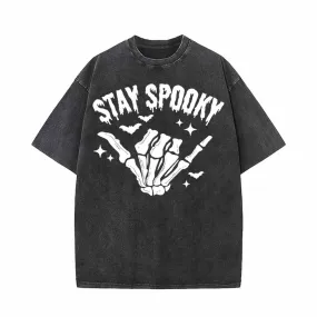 Vintage Washed Stay Spooky Skull Hand Short Sleeve T-shirt