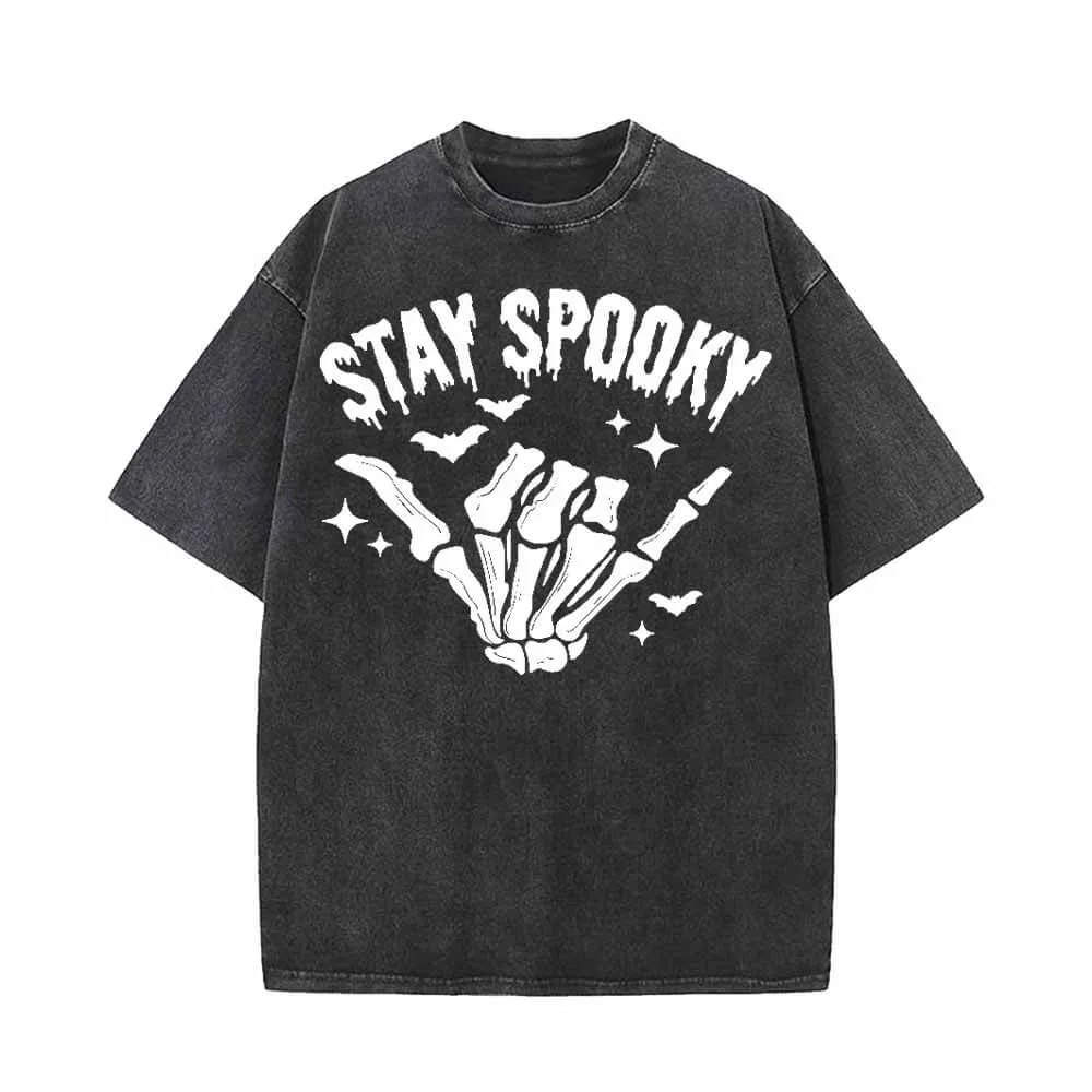 Vintage Washed Stay Spooky Skull Hand Short Sleeve T-shirt