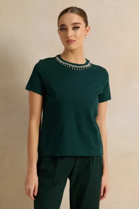 Women Green Embellished T-Shirt