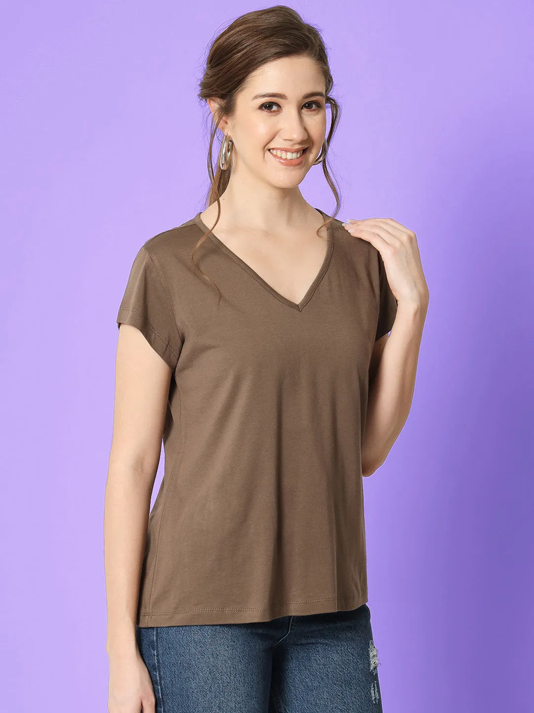 Women V-Neck Short Sleeves Loose T-shirt