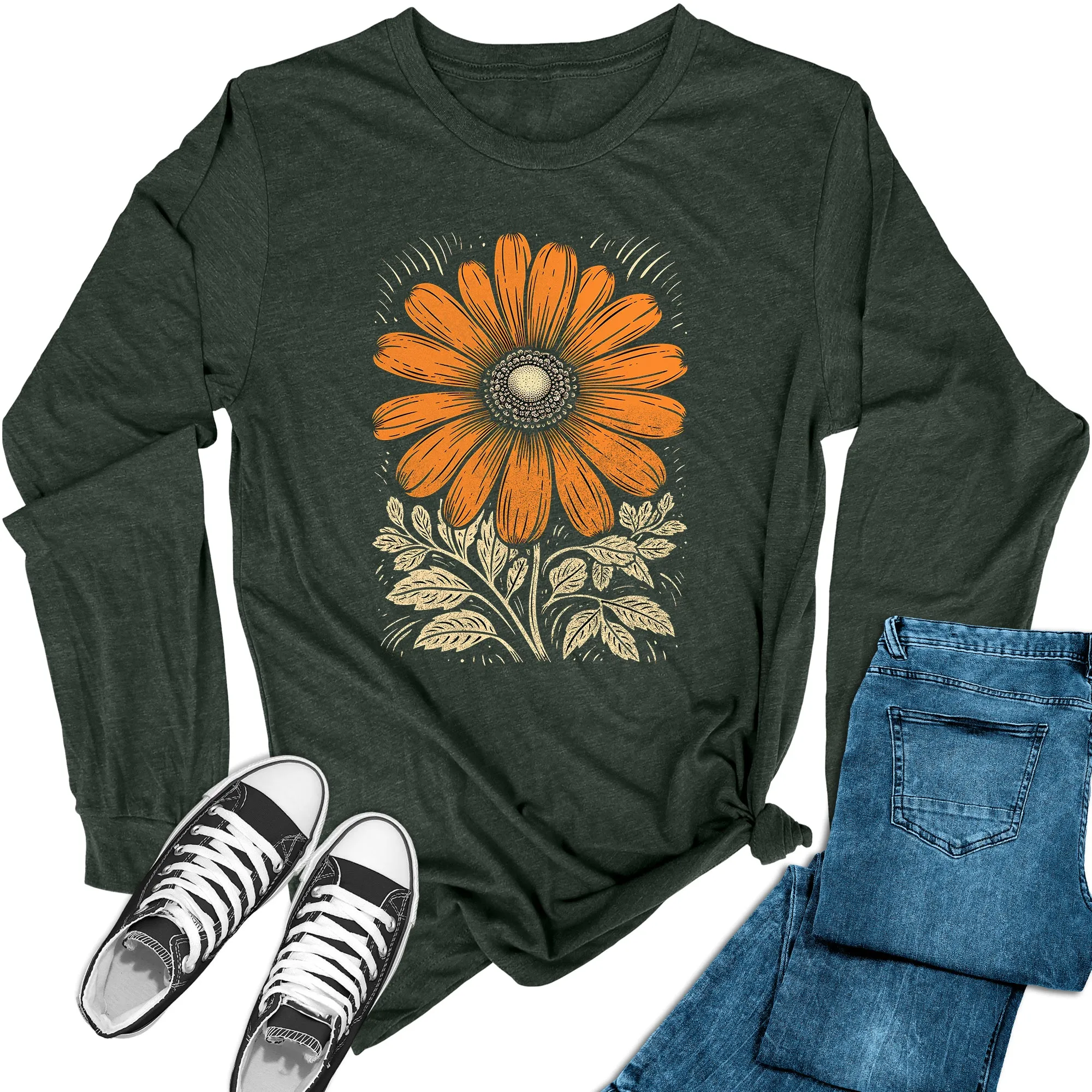 Women's Boho Flower Long Sleeve Graphic Tees